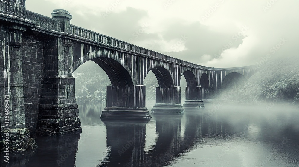 Fototapeta premium Ancient Stone Bridge in Foggy River Landscape