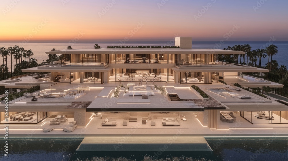 Fototapeta premium Luxurious modern mansion overlooking the ocean at twilight scenery