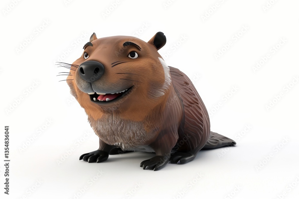 Fototapeta premium Happy cartoon beaver on white background
