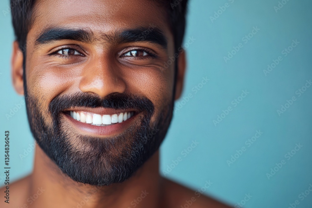 Fototapeta premium Man Smiling Portrait Close-up with Beard Against Light Blue Background