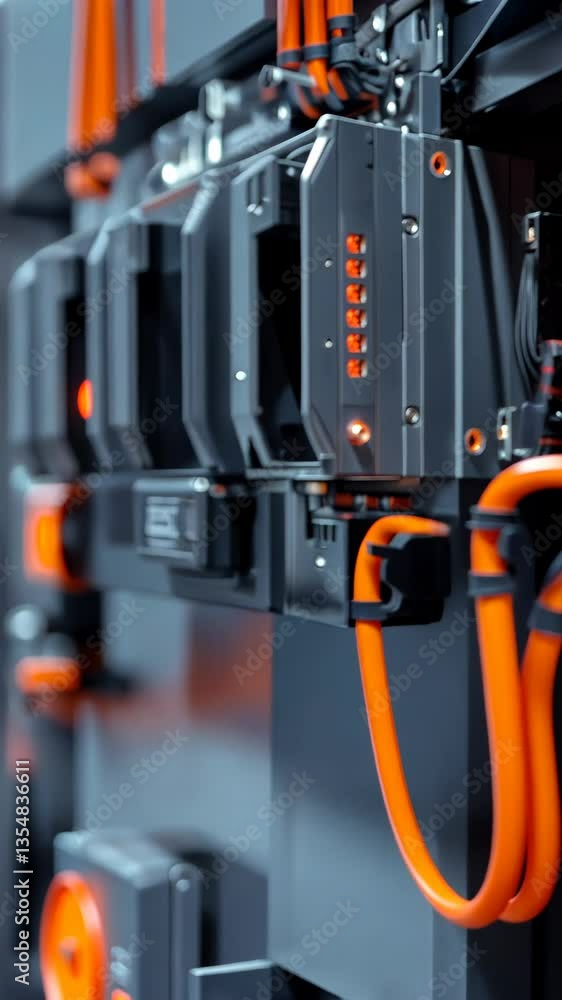 High-tech data processing equipment with orange cables in a modern server room setup High-tech data processing equipment with orange cables in a modern server room setup