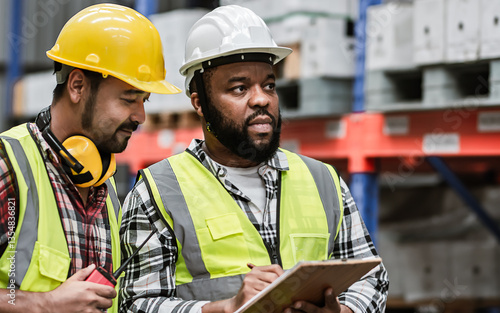 Two diverse professional male workers holding board, checking shipping stocks in storage, warehouse or factory for delivery, wearing safety hat. Diversity, Commercial Industry Business Concept.