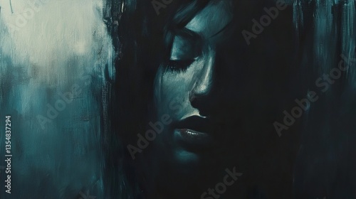 Mysterious Woman Portrait: A Dark and Dreamy Oil Painting