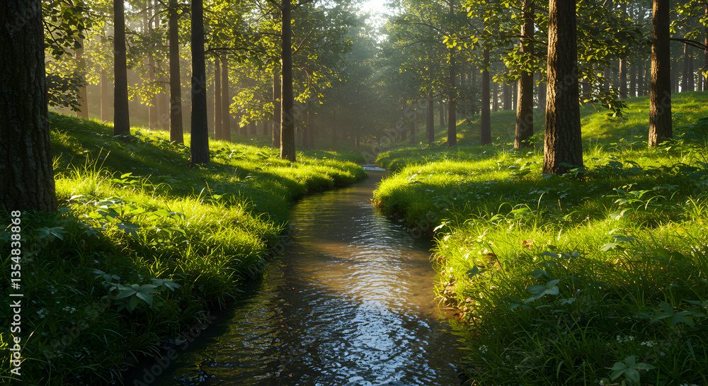Obraz premium Tranquil Stream Flowing Through Sunlit Forest with Lush Greenery