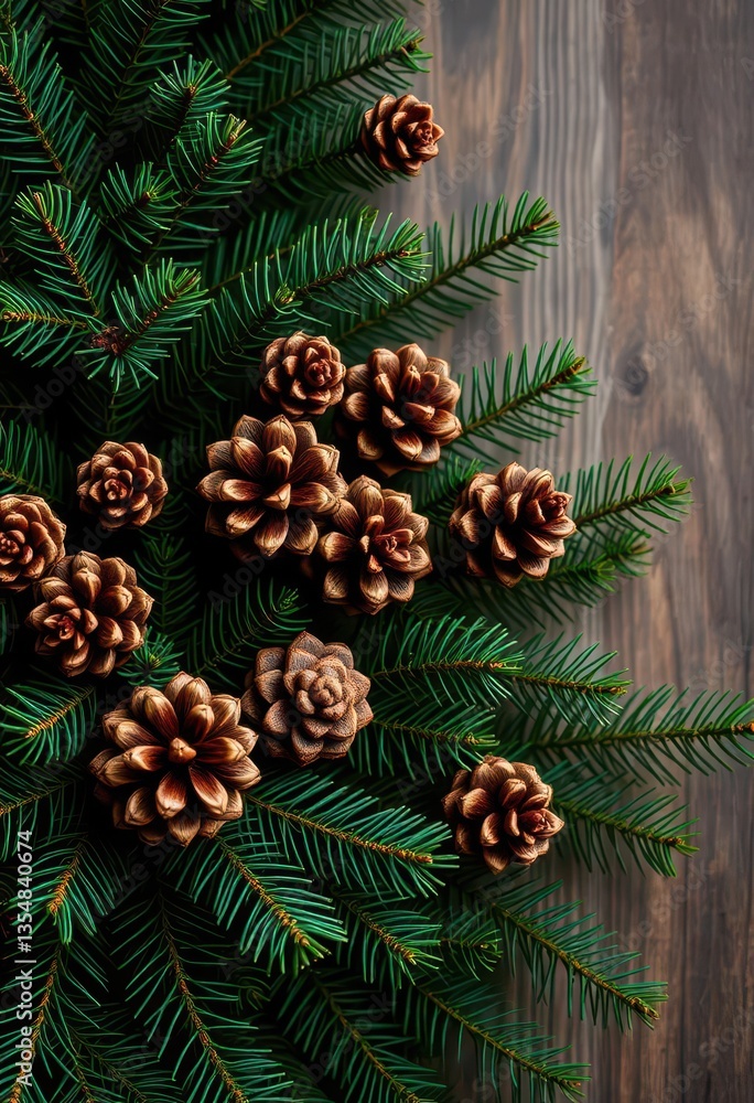 Obraz premium Deep green fir branches and brown pine cones, rustic Christmas background, greenery, outdoors