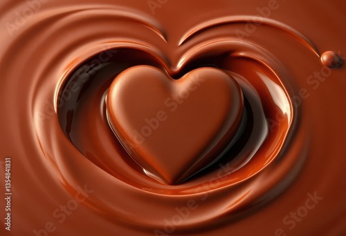 Heart-shaped chocolate emerges from a wave of melting chocolate, chocolate, heart shaped chocolate