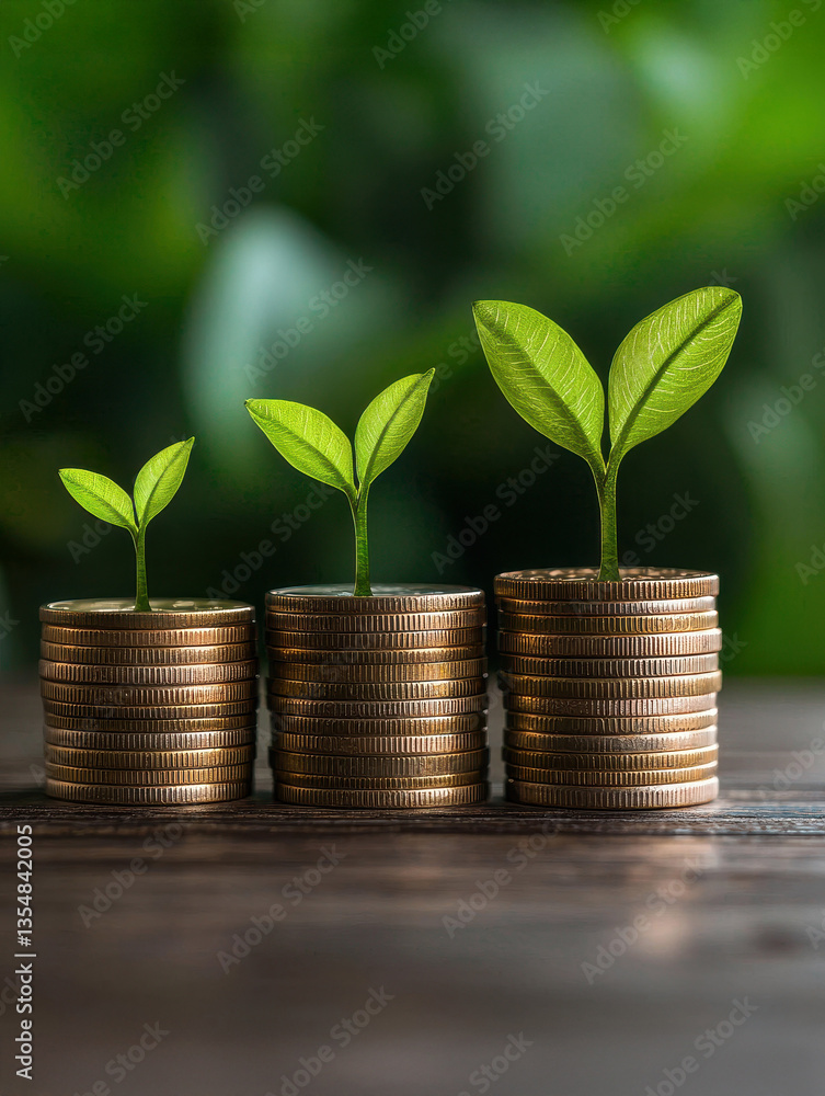 Small green plants growing from stacks of coins, symbolizing financial growth and sustainable investment. Small green plants growing from stacks of coins, symbolizing financial growth and sustainable investment.