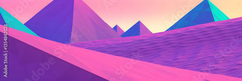 Low-Poly 3D Digital Render. Vibrant  Vapor Wave Themed Colorful Low Poly Landscape for Backgrounds, Backdrops, Wallpaper, Design	