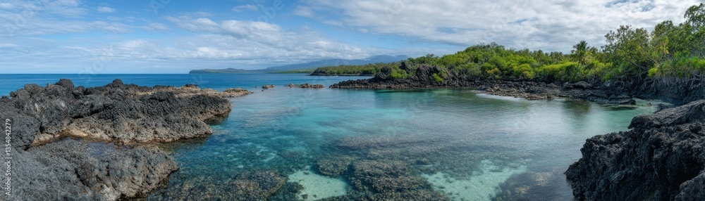 Fototapeta premium A panoramic photograph showing a scenic ocean cove in daylight