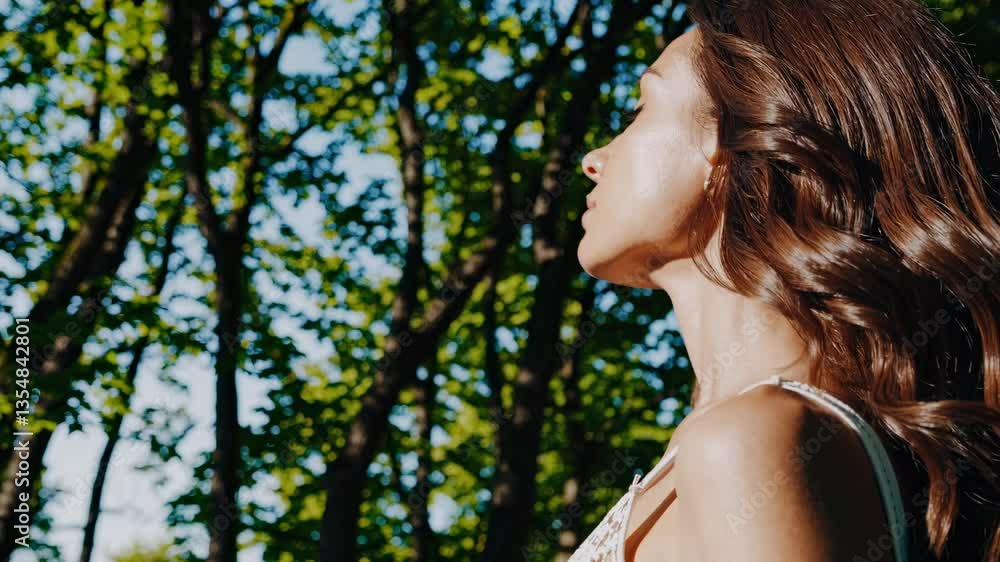 Close-up side profile of a woman with closed eyes in a forest, capturing a serene moment. The video uses a low-angle shot for emphasis. Close-up side profile of a woman with closed eyes in a forest, capturing a serene moment. The video uses a low-angle shot for emphasis.