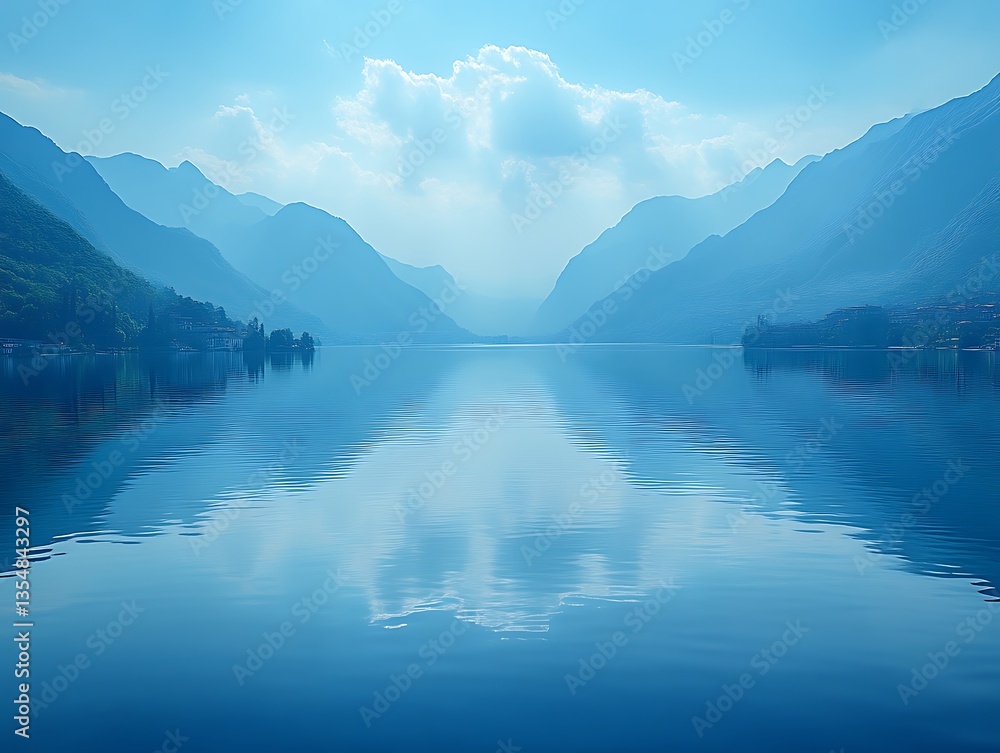 Fototapeta premium Calm lake, mountain reflection, hazy sunrise, peaceful scenery
