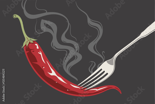16 Red chili pepper, steaming hot, pierced by silver fork, dark background, wisps of smoke, dramatic lighting, high contrast, macro photography, food art, spicy, culinary concept, vibrant color, gloss