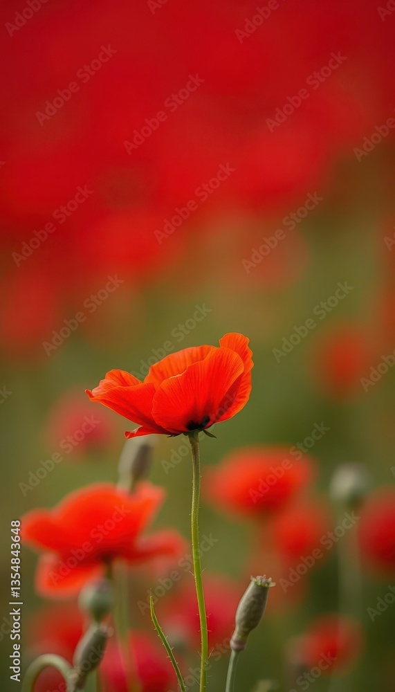 Fototapeta premium Single vibrant red poppy against a blurred red backdrop, simple, red