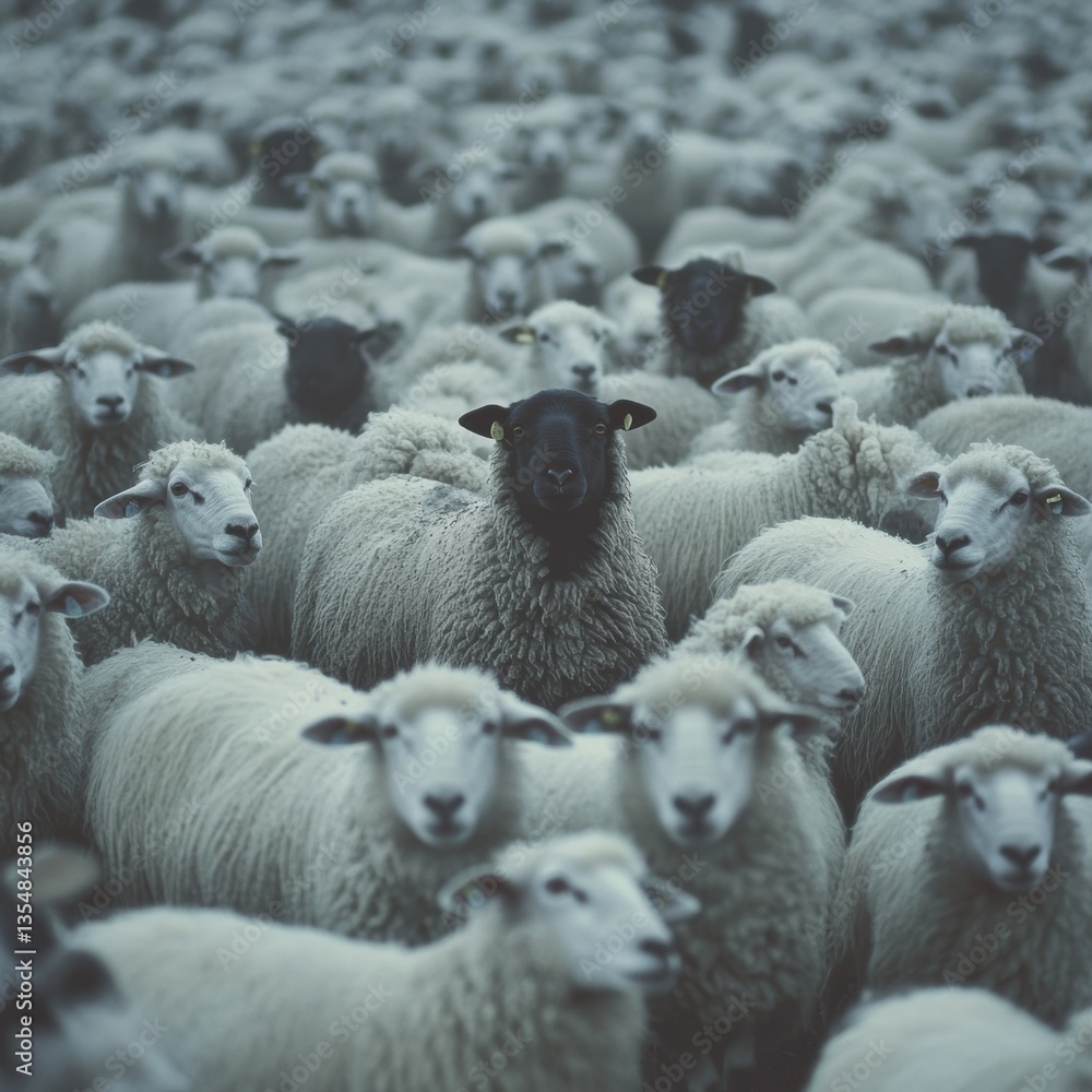 Fototapeta premium Diverse flock features standout black sheep among numerous white sheep in a dramatic, low-light landscape Generative AI