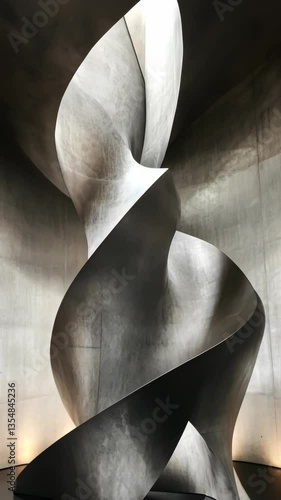 Unique sculpture in a modern art gallery creates a striking visual focal point through its twisting form