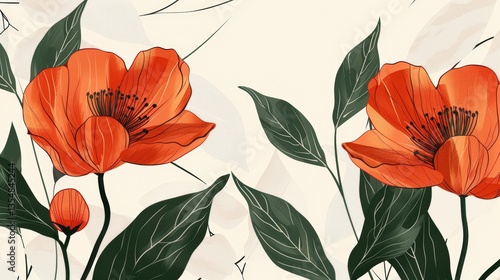 Orange floral design with leaves on a beige background