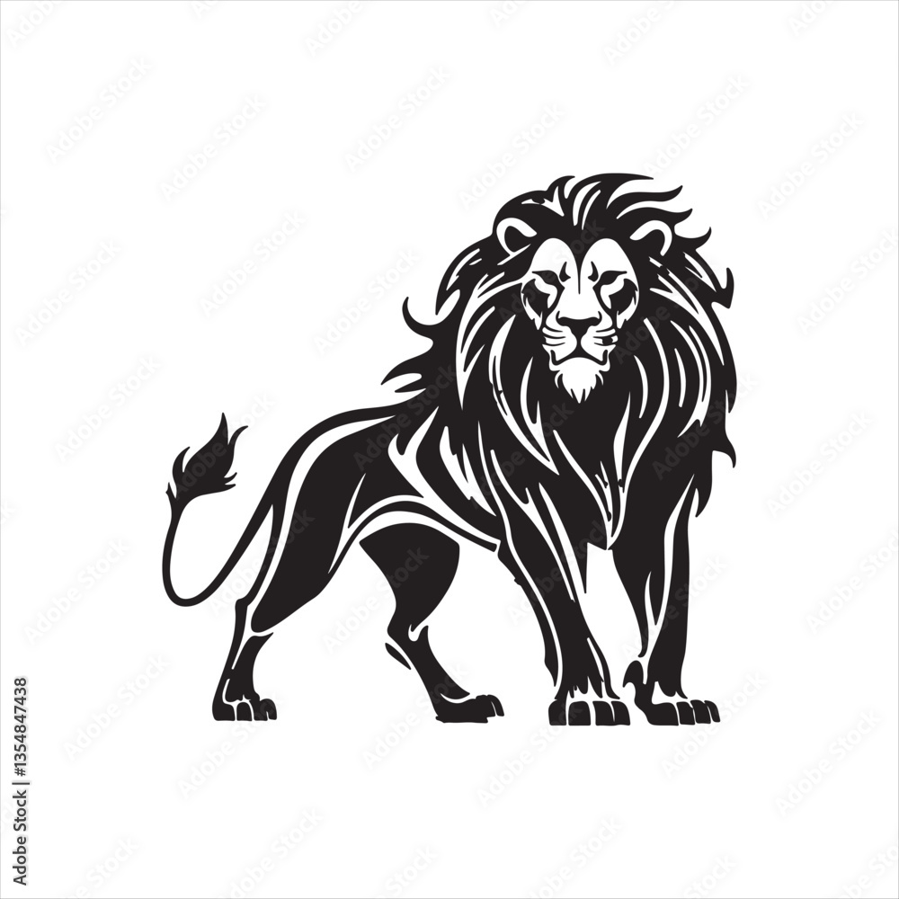 Majestic Lion Standing Vector Illustration,Black and White Lion Line Art Design,Fierce Lion Silhouette with Detailed Mane,tribal Style Lion Artwork for Logo Majestic Lion Standing Vector Illustration,Black and White Lion Line Art Design,Fierce Lion Silhouette with Detailed Mane,tribal Style Lion Artwork for Logo