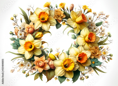 Obraz na płótnie This botanical wreath features a vibrant mix of white and yellow daffodils. A natural, seasonal arrangement perfect for Easter, Mother's Day or Valentine's Day. The elegant, rustic design adds a touch w salonie