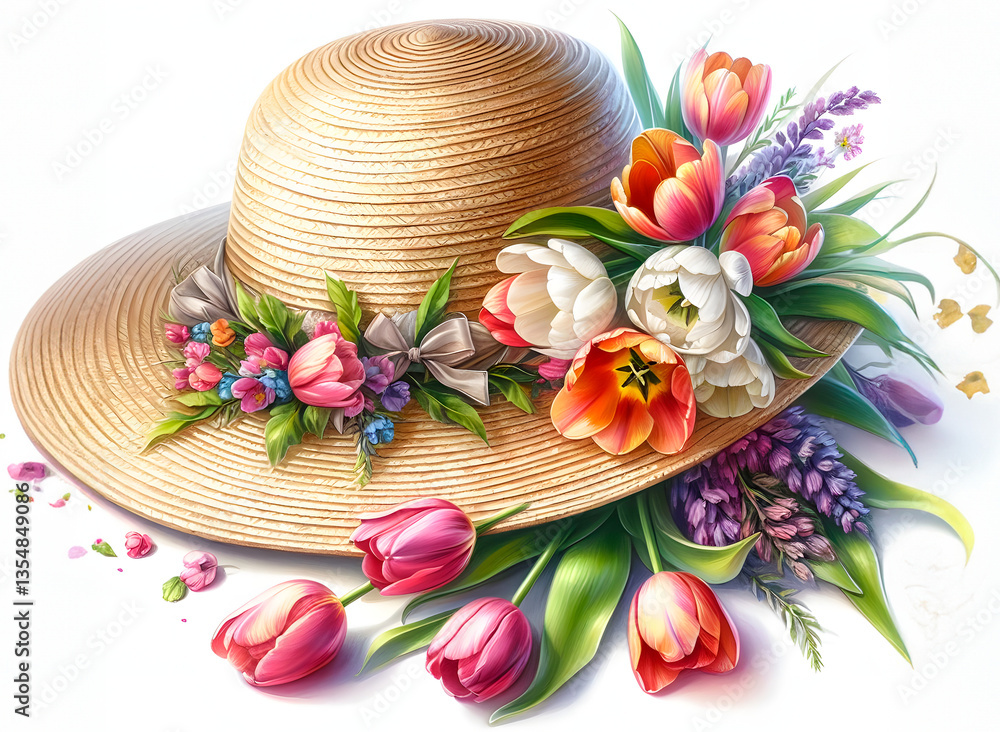 Feminine straw hat with blooming Pink tulips captures the essence of spring. Perfect for lovers botanical. This floral design is perfect for a spring and summer card, poster, rustic wedding