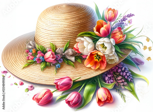 Obraz na płótnie Feminine straw hat with blooming Pink tulips captures the essence of spring. Perfect for lovers botanical. This floral design is perfect for a spring and summer card, poster, rustic wedding w salonie