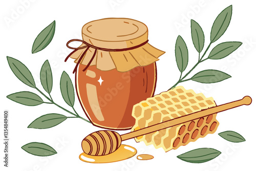 17 Honey jar with burlap lid, golden honeycomb, dripping honey, honey dipper, green leaves, white background, macro photography, soft lighting, high resolution, vibrant colors, detailed textures, appe