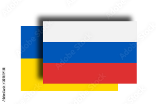 Ukraine being shadowed by Russia. Russian and Ukrainian national flags as metaphor of annexation, take over, seize and occupation. Illustration on white background..