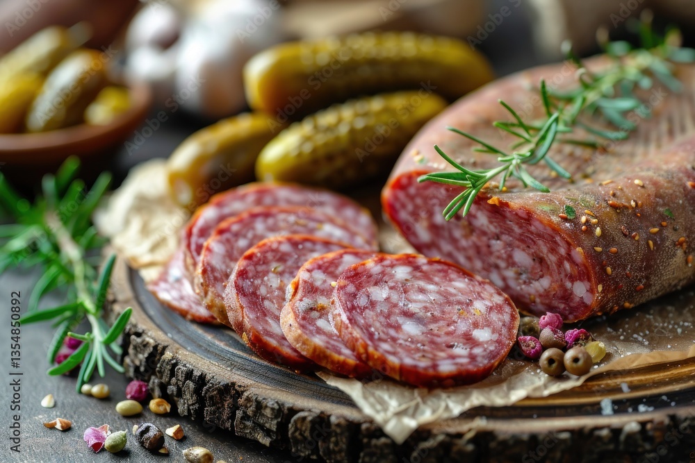 Kovbasa sausage is sliced and presented alongside mustard and rye bread on a wooden platter, surrounded by pickles Kovbasa sausage is sliced and presented alongside mustard and rye bread on a wooden platter, surrounded by pickles
