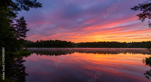 Wallpaper Mural Lake Reflecting Dramatic Sunrise Sky with Forest Background and Tree Silhouettes Torontodigital.ca