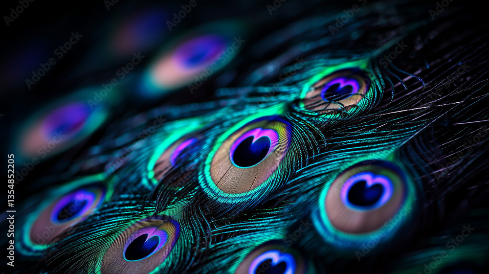 Obraz premium Close-up of vibrant peacock feathers with iridescent blue and green eyespots