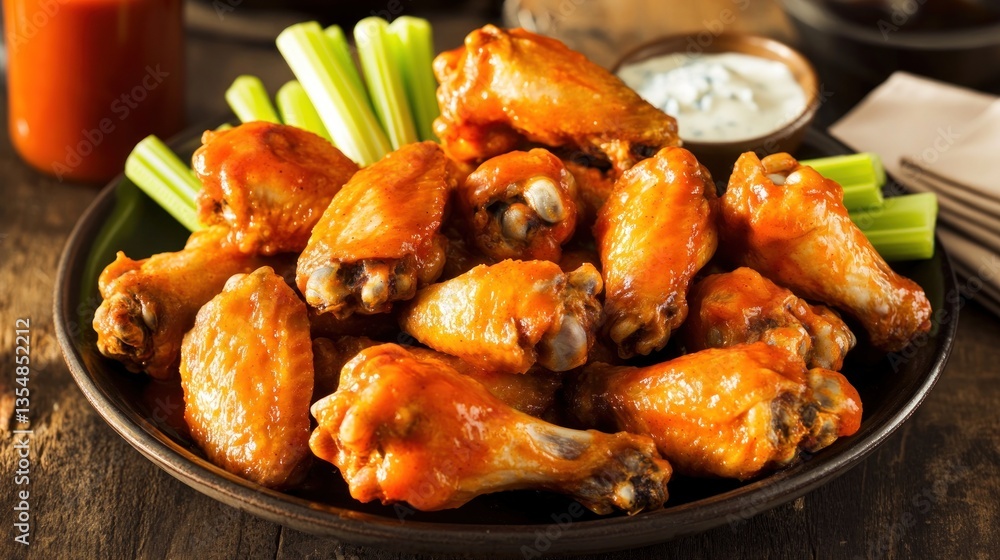 A plate of delicious chicken wings with celery and dipping sauce A plate of delicious chicken wings with celery and dipping sauce