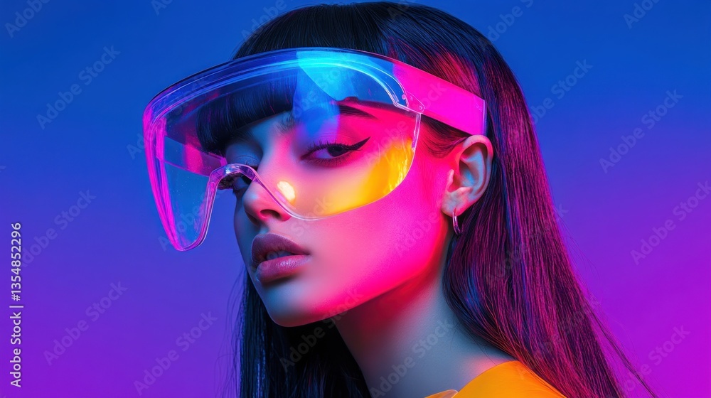 Fototapeta premium A young woman wearing futuristic visor glasses poses elegantly