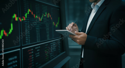 A businessman in a modern office carefully reviewing stock market performance on a high-tech digital screen.