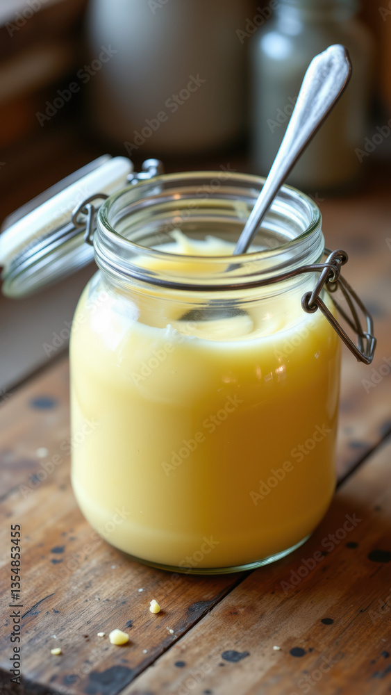 A jar filled with a yellowish-orange substance, possibly beef tallow, on a wooden surface with utensils in it and additional jars and bottles in the background. A jar filled with a yellowish-orange substance, possibly beef tallow, on a wooden surface with utensils in it and additional jars and bottles in the background.