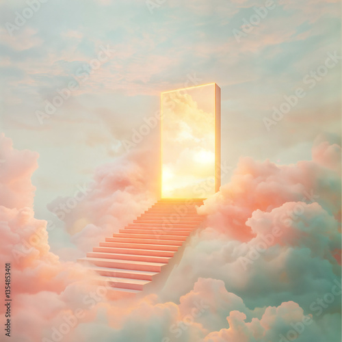 A surreal staircase floating in the sky, leading toward a radiant glowing door. The background consists of soft pastel clouds, evoking a sense of possibility and ambition
