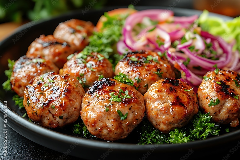 Glazed Meatballs on Black Plate Topped with Chopped Herbs, Red Onion, and Green Salad Glazed Meatballs on Black Plate Topped with Chopped Herbs, Red Onion, and Green Salad