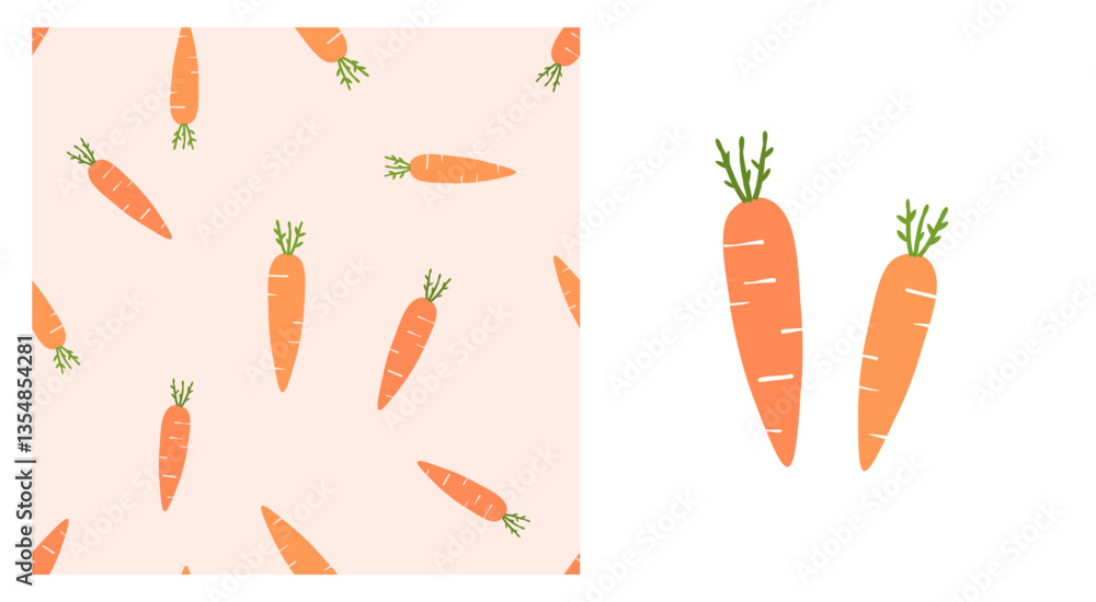 Obraz premium Seamless pattern of carrot with green leaves on orange background. Carrot icon signs vector.