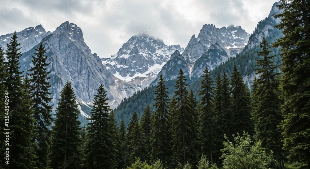 Fototapeta premium view of the gloomy forest and mountains