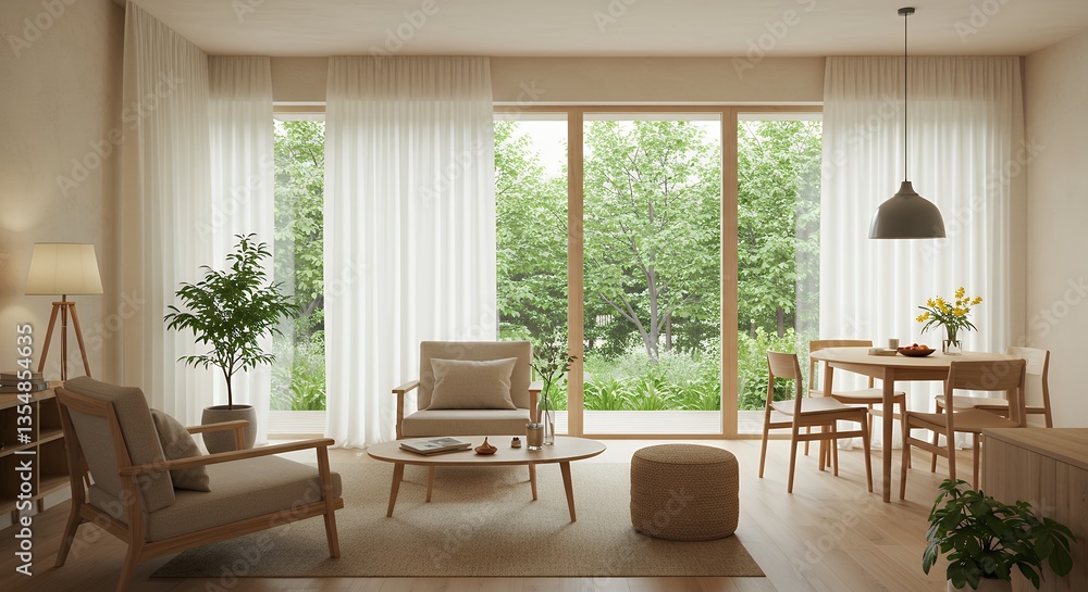 Fototapeta premium Bright interior with natural light showcases a comfortable living room setting