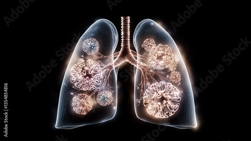 Breathing Illnesses â A close-up of human lungs with glowing circulatory system, depicting bronchitis, pneumonia, and other lung diseases.