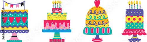 Set of delicious birthday cake. Vector illustration with transparent background. Happy Birthday set. Hand drawn elements. 