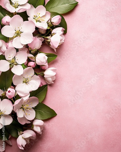 Minimalist Spring-Themed Backgrounds Subtle Floral Accents for elegant compositions, 3D illustration style, Delicate pink flowers arranged on a soft pink background.