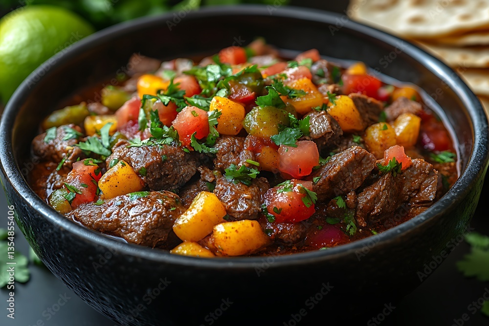 Beef Stew in Dark Bowl with Peppers, Tomatoes, Parsley, Onions,and Flatbread Beef Stew in Dark Bowl with Peppers, Tomatoes, Parsley, Onions,and Flatbread