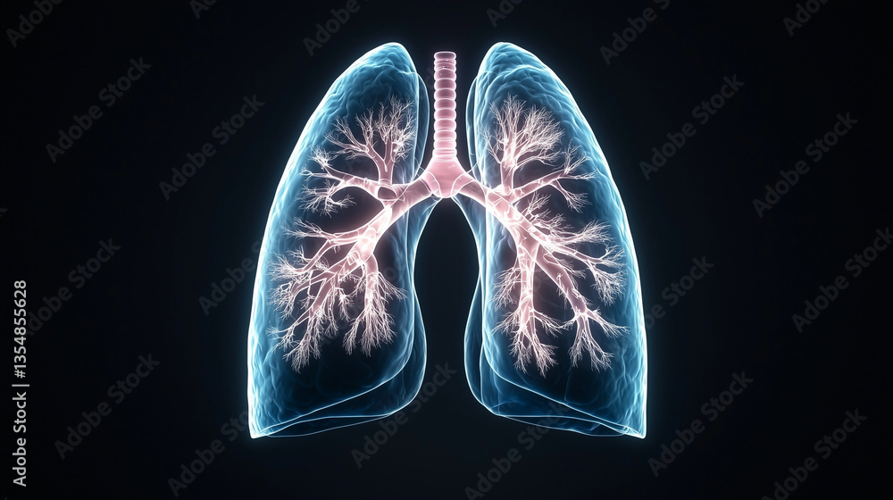 Obraz premium Respiratory System â Detailed view of human lungs with glowing circulatory vessels, illustrating lung diseases like pneumonia and bronchitis.