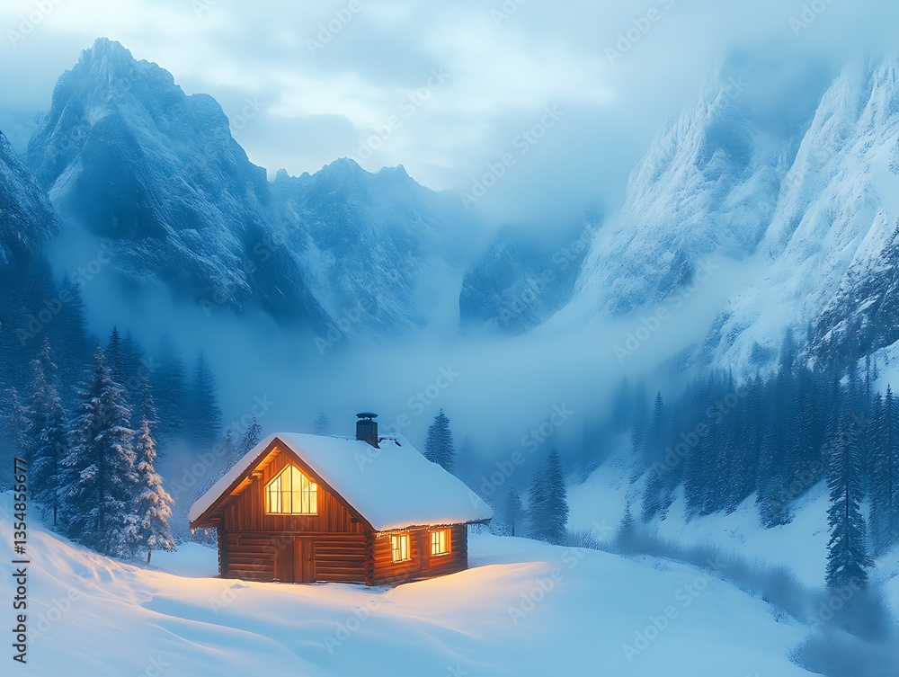 Snowy mountain cabin, winter twilight, cozy Snowy mountain cabin, winter twilight, cozy