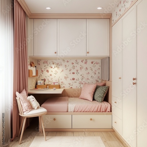 Cozy girl's bedroom with built-in bed, desk, and wardrobe.