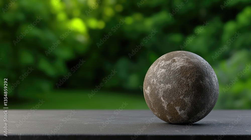 A weathered earth model, subtly distressed, rests on a dark surface against a backdrop of lush greenery A weathered earth model, subtly distressed, rests on a dark surface against a backdrop of lush greenery
