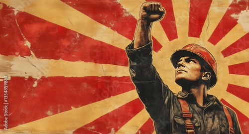 Vintage propaganda style poster of strong male worker in hard hat raising fist with rays in red and yellow background. Concept of labor power, unity, revolution, and working class pride