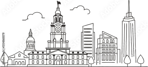Philadelphia skyline, elegantly featuring landmarks like the Liberty Bell and Independence Hall in a sleek, continuous-line style.