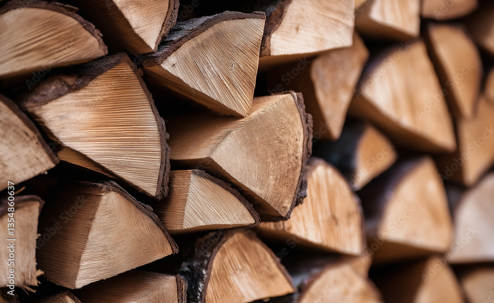 Fototapeta premium A close-up view of stacked firewood logs with a focus on the cut ends showing their natural rings, conveying warmth and rustic charm. 