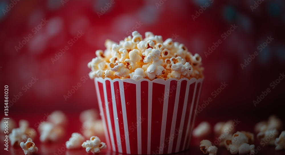 A bucket of freshly popped popcorn spilling onto a table, set against a blurred background, symbolizing a classic movie-time snack and entertainment. A bucket of freshly popped popcorn spilling onto a table, set against a blurred background, symbolizing a classic movie-time snack and entertainment.